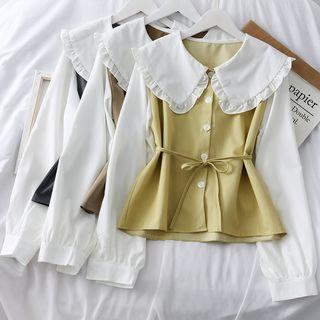 Peter Pan-collar Ruffled Shirt With Sash