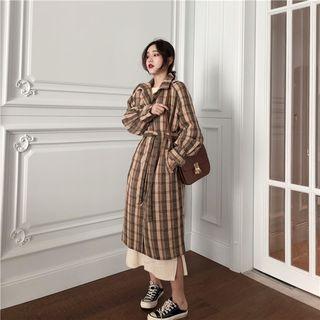 Buttoned Plaid Long Coat Plaid - Khaki - One Size