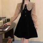 Bell-sleeve Collared Velvet Mini A-line Dress