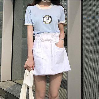 Short-sleeve Dog Print Knit Top / Paperbag-waist Inset Shorts Skirts