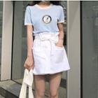 Short-sleeve Dog Print Knit Top / Paperbag-waist Inset Shorts Skirts