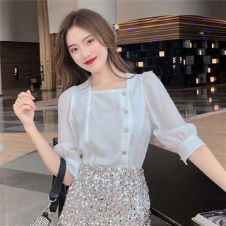 Square-neck Balloon-sleeve Chiffon Blouse
