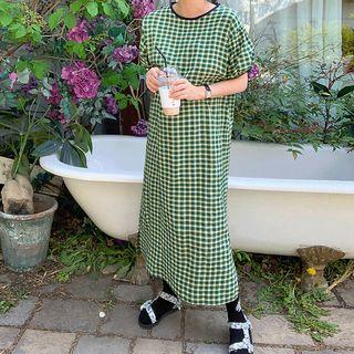 Puff-sleeve Contrast-trim Checked Dress