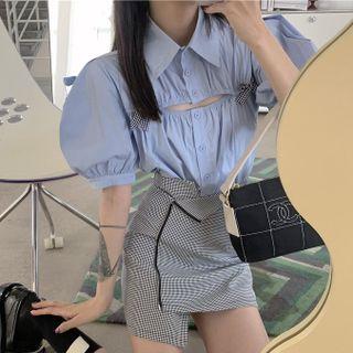 Short-sleeve Cutout Blouse / Plaid Skirt
