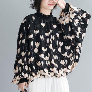 Dolman-sleeve Floral Print Blouse Black - One Size