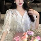 Short-sleeve V-neck Lace Top White - One Size