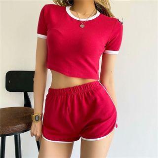 Set: Short-sleeve Contrast Trim Cropped T-shirt + Shorts