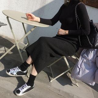 Band-waist Slit-side Knit Skirt Black - One Size