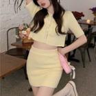 Short-sleeve Button-up Knit Top / Mini Skirt