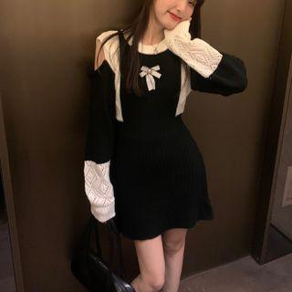 Mock Two-piece Cold-shoulder Knit Mini A-line Dress Black - One Size