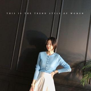 Round-neck Buttoned Rib-knit Cardigan