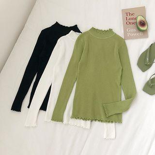 Mock Neck Frilled Trim Plain Knit Top