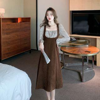 Long-sleeve Square-neck Lace Panel Midi A-line Dress