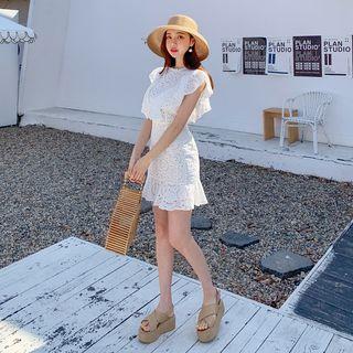 Cutout-back Ruffled Mini Crochet Dress White - One Size