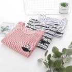 Long-sleeve Cat Embroidered Striped T-shirt