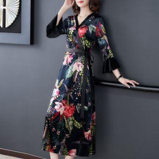 3/4-sleeve Floral-print Midi A-line Wrap Dress