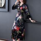 3/4-sleeve Floral-print Midi A-line Wrap Dress