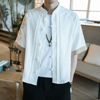 Short-sleeve Embroidered Frog-button Blouse
