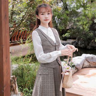 Plain Blouse / Plaid Vest / Midi A-line Skirt