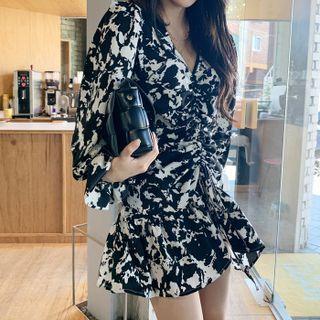 Drawstring Frill-hem Printed Dress