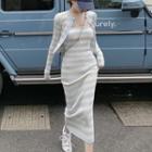 Long-sleeve Striped Knit Shaping Dress / Cardigan