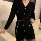 Set: Long-sleeve Button-up Mini Knit Sheath Dress + Waist Chain
