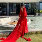 Long-sleeve Open-back Maxi A-line Chiffon Dress