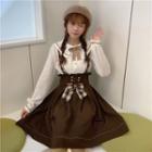 Long-sleeve Bow-accent Blouse / Suspender Mini A-line Skirt