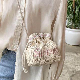 Letter Embroidered Woven Bucket Bag