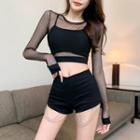 Long-sleeve Fishnet Crop Top / Chained Hot Pants