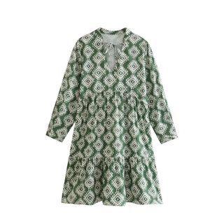 Long-sleeve Tie-neck Print A-line Dress