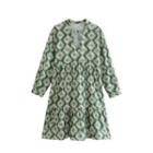 Long-sleeve Tie-neck Print A-line Dress