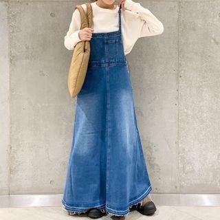 Denim Maxi A-line Overall Dress Blue - One Size