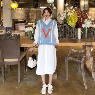 Color-block Lettering Knit Vest / Plain Long-sleeve Loose-fit Shirt Dress