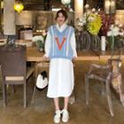 Color-block Lettering Knit Vest / Plain Long-sleeve Loose-fit Shirt Dress