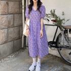 Short-sleeve Single-breast Floral Printed Shirt Dress Purple - One Size