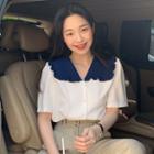 Short-sleeve Peter Pan Collar Two-tone Shirt