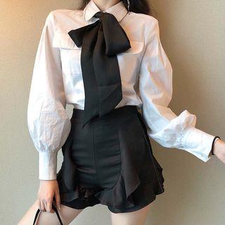 Lantern-sleeve Bow Accent Shirt / Ruffle Trim Shorts