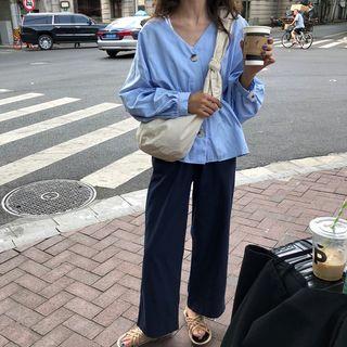 Pinstriped Blouse Light Blue - One Size