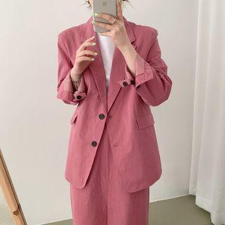 Plain Single-breasted Blazer / Midi Straight-fit Skirt