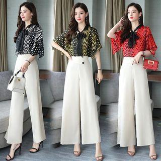 Set: Elbow-sleeve Dotted Top + Wide-leg Pants