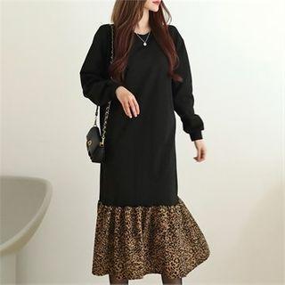 Leopard-ruffle Midi Sweatshirt Dress