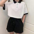 Contrast Trim Collared Short-sleeve T-shirt / Drawstring Shorts