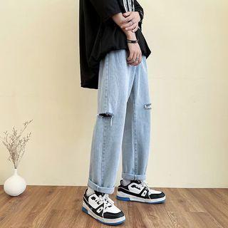 Mid Rise Washed Distressed Wide Leg Jeans