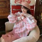 Plaid Loose-fit Sweater / Lace Long-sleeve Top / Pleated Knit Skirt