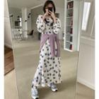 Long-sleeve Floral Print Maxi A-line Dress Blue Flowers - White - One Size