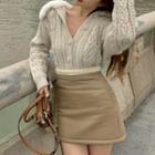Fluffy Collar Cable Knit Cardigan / Faux Leather A-line Skirt