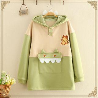 Fleece-lined Cat Printed Color Block Hoodie