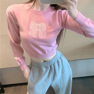 Ribbon Print Crop Knit Top Pink - One Size