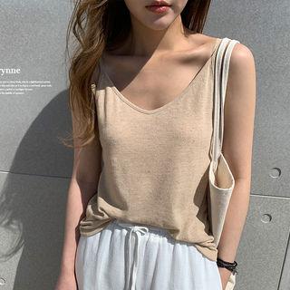 V-neck Spaghetti-strap Top Oatmeal - One Size